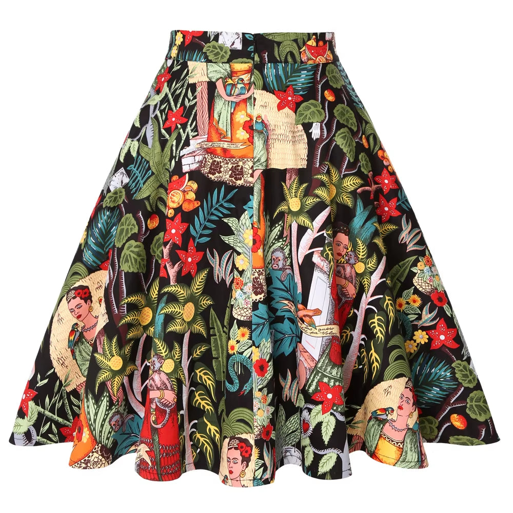 Women'S Runway Cotton Retro Vintage Skirt Black Faldas High Waist a Line Rockabilly Jupe 50S Swing Umbrella Skirts Pin up Skater