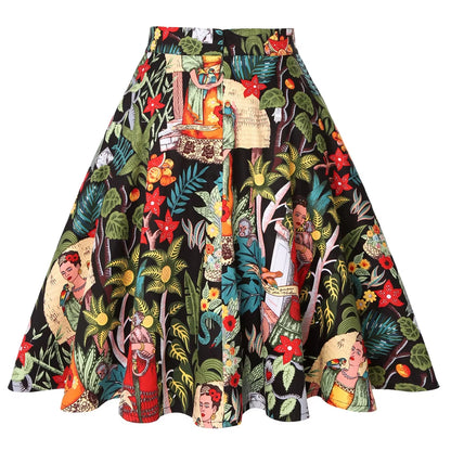Women'S Runway Cotton Retro Vintage Skirt Black Faldas High Waist a Line Rockabilly Jupe 50S Swing Umbrella Skirts Pin up Skater