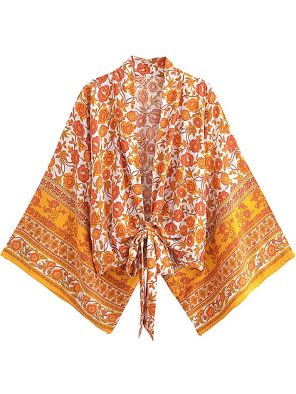 Boho Vintage Floral Print Beach Summer Short Kimono Women Fashion Ladies Casual V Neck Batwing Sleeves Bohemian Cover-Ups