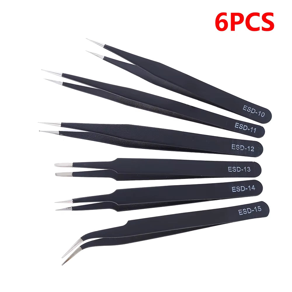 Anti-Static ESD Stainless Steel Tweezers Set Maintenance Tools Industrial Precision Curved Straight Tweezers Repair Tools Set