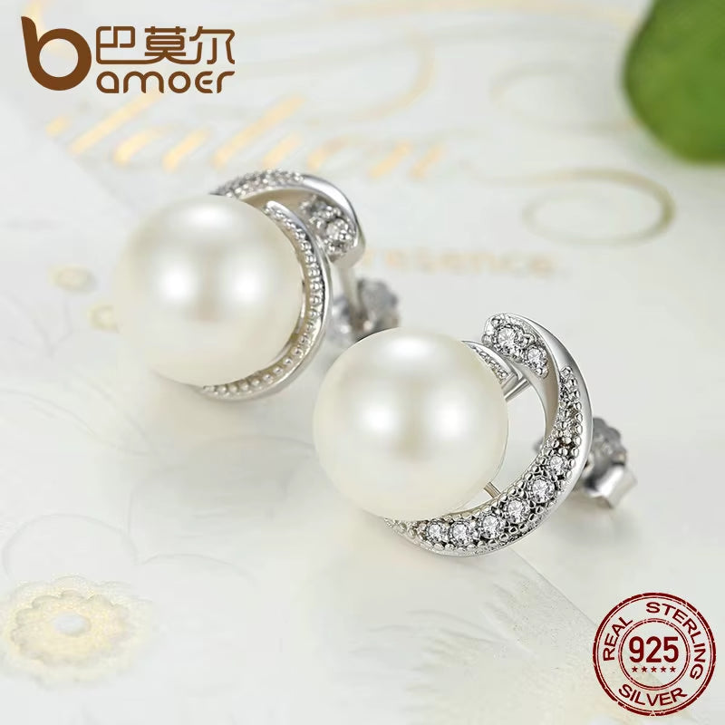 Pearl Earrings Jewelry 925 Sterling Silver White Pearl Push-Back Stud Earrings for Women Fashion Jewelry SCE021