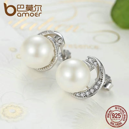 Pearl Earrings Jewelry 925 Sterling Silver White Pearl Push-Back Stud Earrings for Women Fashion Jewelry SCE021