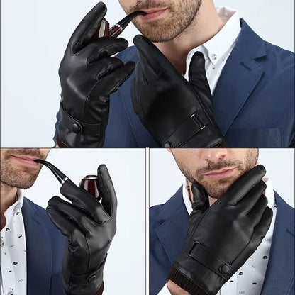 Men'S Gloves Black Winter Mittens Keep Warm Touch Screen Windproof Driving Guantes Male Autumn Winter PU Leather Gloves Business