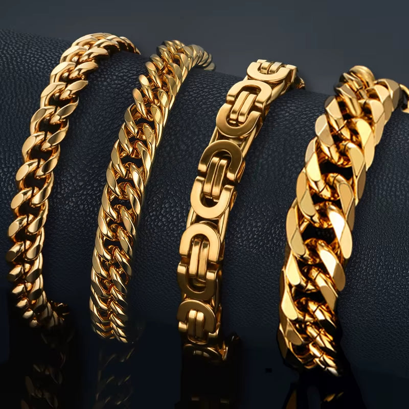 Mens 316L Stainless Steel Male Bracelet Wholesale Braslet Gold Silver Color Braclet Chunky Cuban Chain Link Bracelet for Man