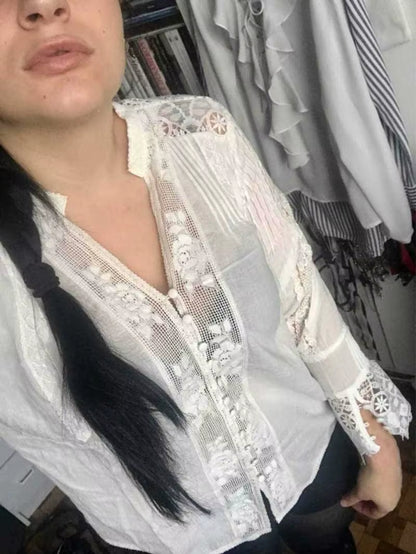 Blouse White Cotton Lace Floral Embroidery Women'S Shirt Loose Boho Style V-Neck Long Sleeve Tunic Sexy Tops