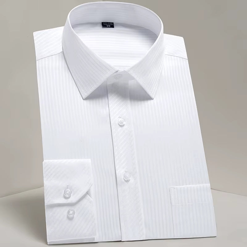 Men'S Classic Long Sleeve Standard-Fit Dress Shirts Formal Business Social Simple Basic Design White Work Office Casual Shirt