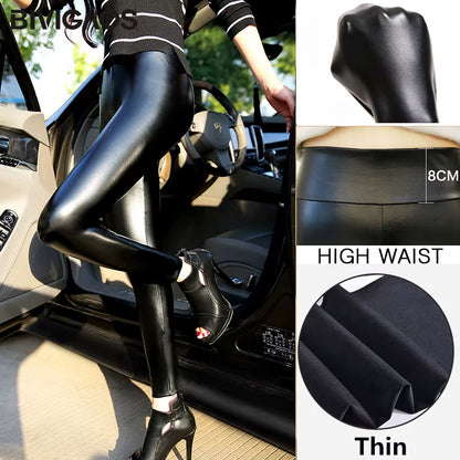 Fashion Women PU Leather Pants Elastic High Waist Winter Leggings Slim Velvet Leather Leggings Skinny Fleece Trousers