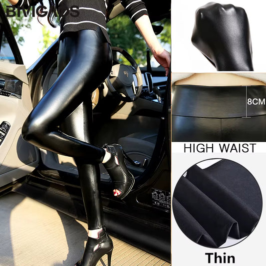 Fashion Women PU Leather Pants Elastic High Waist Winter Leggings Slim Velvet Leather Leggings Skinny Fleece Trousers