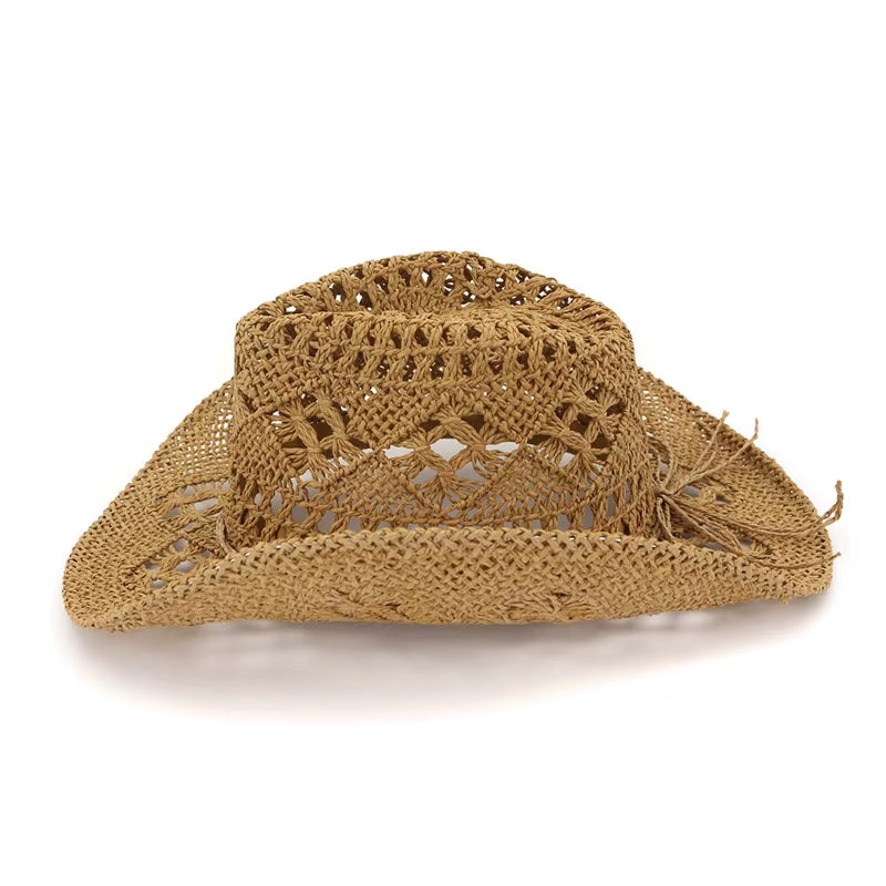 Summer Outdoor Men Women Hand-Woven Western Cowboy Paper Straw Hats Wide Brim Breathable Beach Jazz Cap Sun Protection Hat