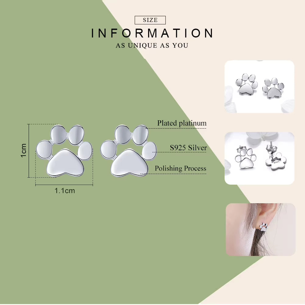 925 Sterling Silver Animal Paw Dog Cat Footprints Stud Earrings for Women Valentine'S Day Gift SCE407