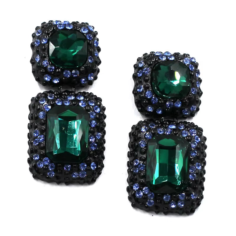 Luxury Blue Crystal Square Dangle Earrings for Women Europe Style Noble Elegant Banquet Party Jewelry Accessories 2024 New