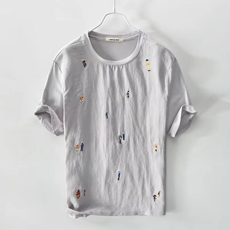 Designer Cartoon Embroidery Stitching Linen Short Sleeve T-Shirt Men Brand Casual round Neck White T Shirt for Men Camiseta