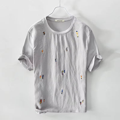 Designer Cartoon Embroidery Stitching Linen Short Sleeve T-Shirt Men Brand Casual round Neck White T Shirt for Men Camiseta