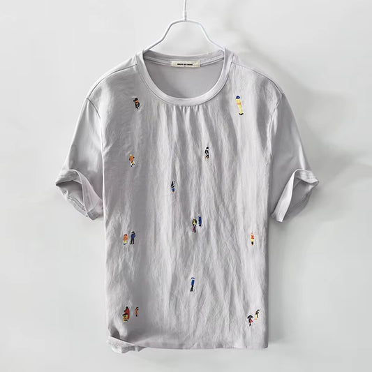 Designer Cartoon Embroidery Stitching Linen Short Sleeve T-Shirt Men Brand Casual round Neck White T Shirt for Men Camiseta