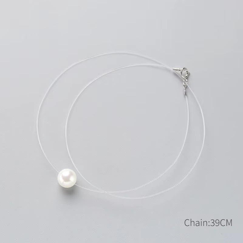 925 Sterling Silver Zircon Crystal Pearl Pendant Choker Necklace Transparent Fishing Line 2020 Fine Jewelry for Women