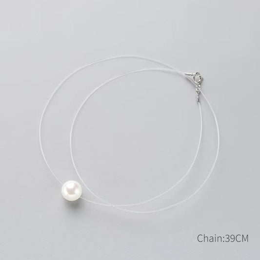 925 Sterling Silver Zircon Crystal Pearl Pendant Choker Necklace Transparent Fishing Line 2020 Fine Jewelry for Women