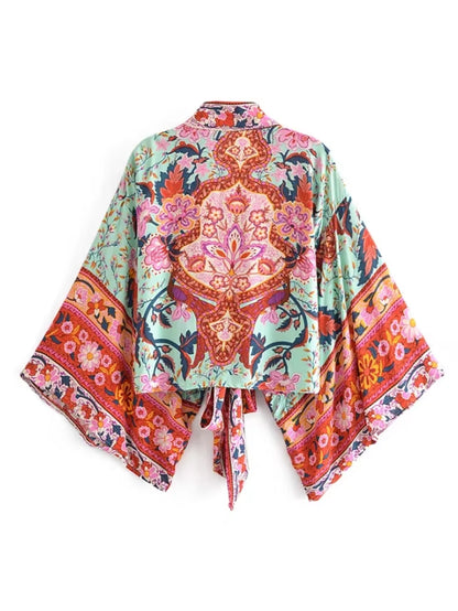 Boho Vintage Floral Print Beach Summer Short Kimono Women Fashion Ladies Casual V Neck Batwing Sleeves Bohemian Cover-Ups