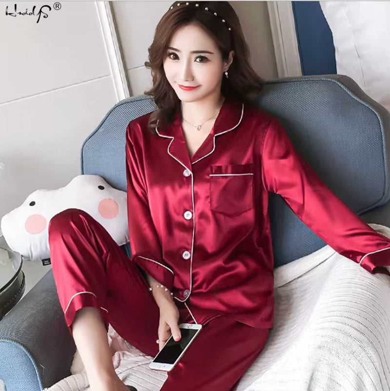 Womens Silk Satin Pajamas Pyjamas Set Sleepwear Pijama Pajamas Suit Female Sleep Two Piece Set Women'S Loungewear plus Size