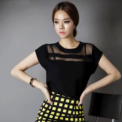 New Ladies Black Tulle Sheer Blouses Shirts Women'S Tops Chiffon Blouse Short Hollow Out Blusas Femininas Summer