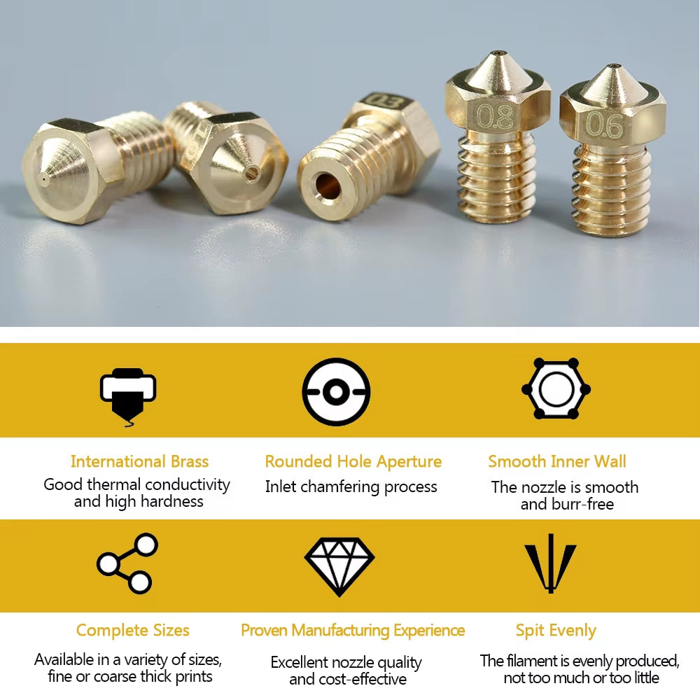 5/10Pcs V6 M6 Threaded Nozzle All Metal 0.2/0.3/0.4/0.5/0.6Mm for 1.75 Filament E-3-D V5 Anycubic I3 Mega Kobra Hotend Extruder