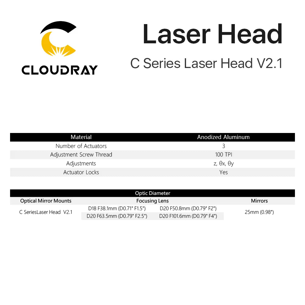 C Series CO2 Laser Head Dia.18 FL38.1& Dia.20 FL50.8 / 63.5/101.6Mm Mount for Laser Engraving Cutting Machine(Black)