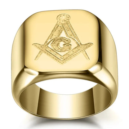 New Arrival Bling CZ Crystal Men Rings with Freemason Masonic Free Mason Signet 316L Stainless Steel Gold Color Jewelry for Men