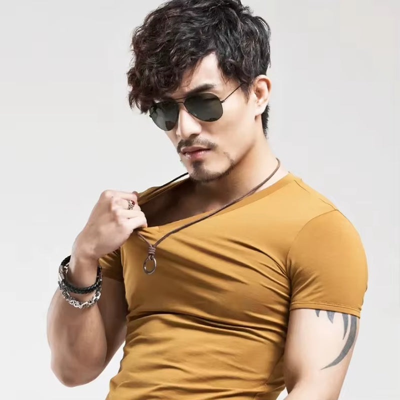 2025 Brand New Men T Shirt Tops V Neck Short Sleeve Tees Men'S Fashion Fitness Hot T-Shirt for Male Man T-Shirt Size 5XL