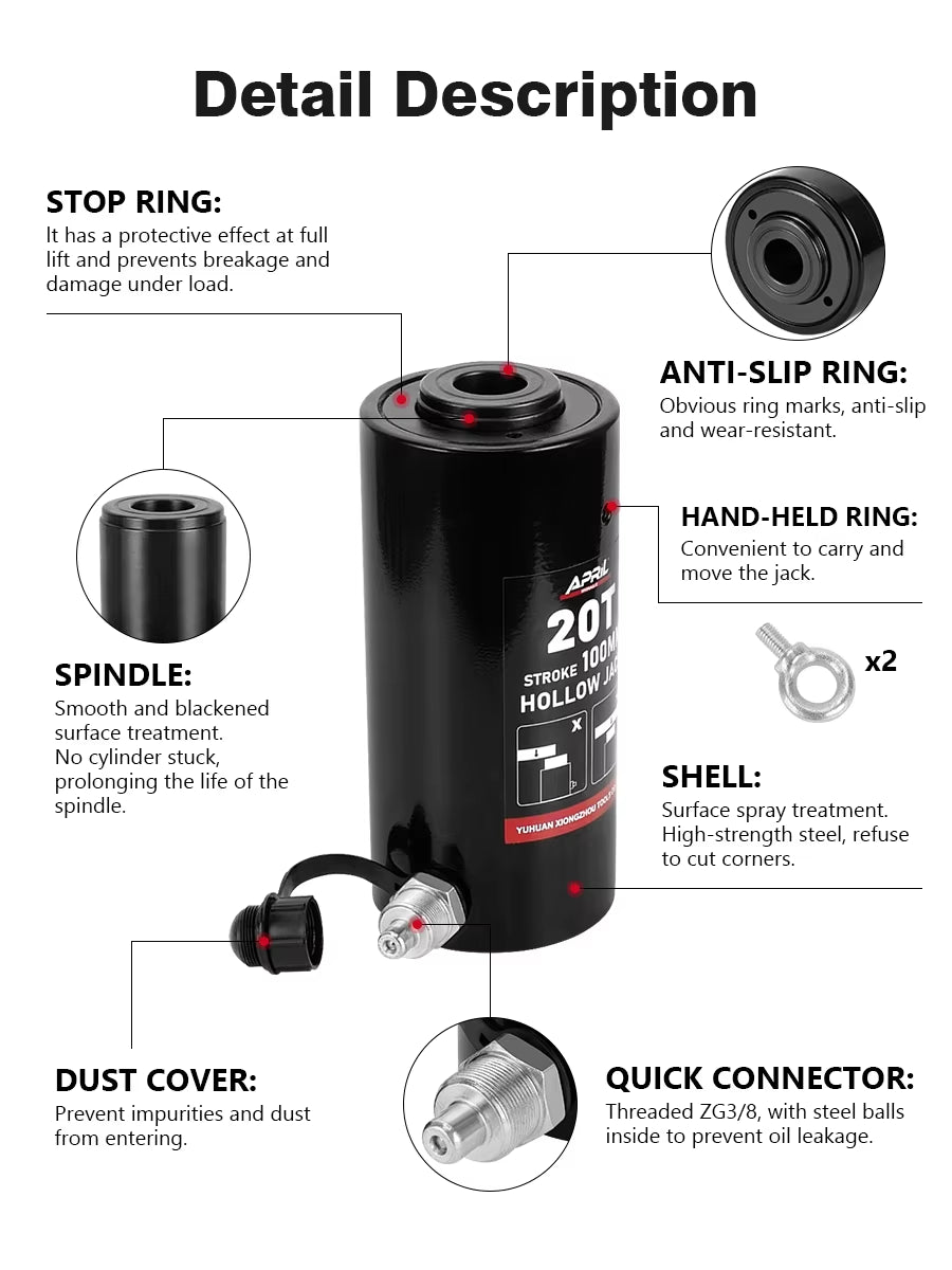 Hollow Hydraulic Cylinder RCH-20100 Hydraulic Jack with Tonnage of 20T Work Travel of 100Mm