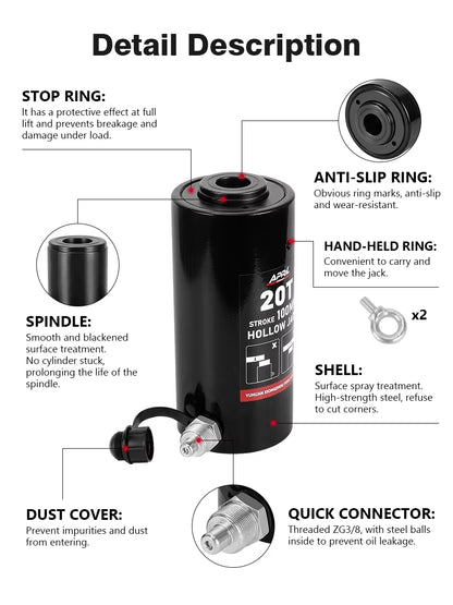 Hollow Hydraulic Cylinder RCH-20100 Hydraulic Jack with Tonnage of 20T Work Travel of 100Mm