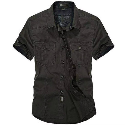 Fashion Cotton Casual Shirts Summer Men plus Size Loose Baggy Shirts Short Sleeve Turn-Down Collar Military Style Male Clothing