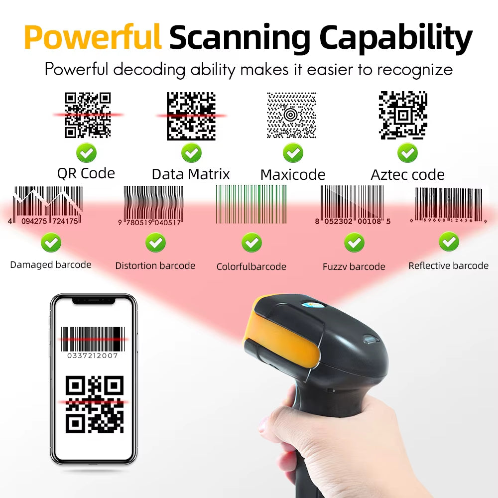 1D/2D Supermarket Handhel Barcode Bar Code Scanner Reader QR PDF417 Bluetooth 2.4G Wireless &Wired USB Platform