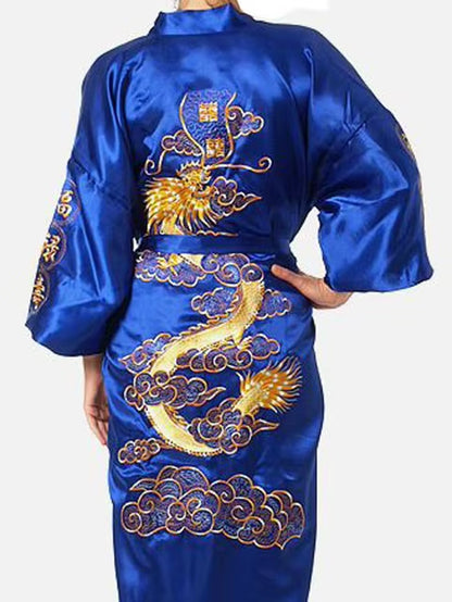 Navy Blue Chinese Men'S Satin Silk Robe Embroidery Kimono Bath Gown Dragon Size S M L XL XXL XXXL S0008