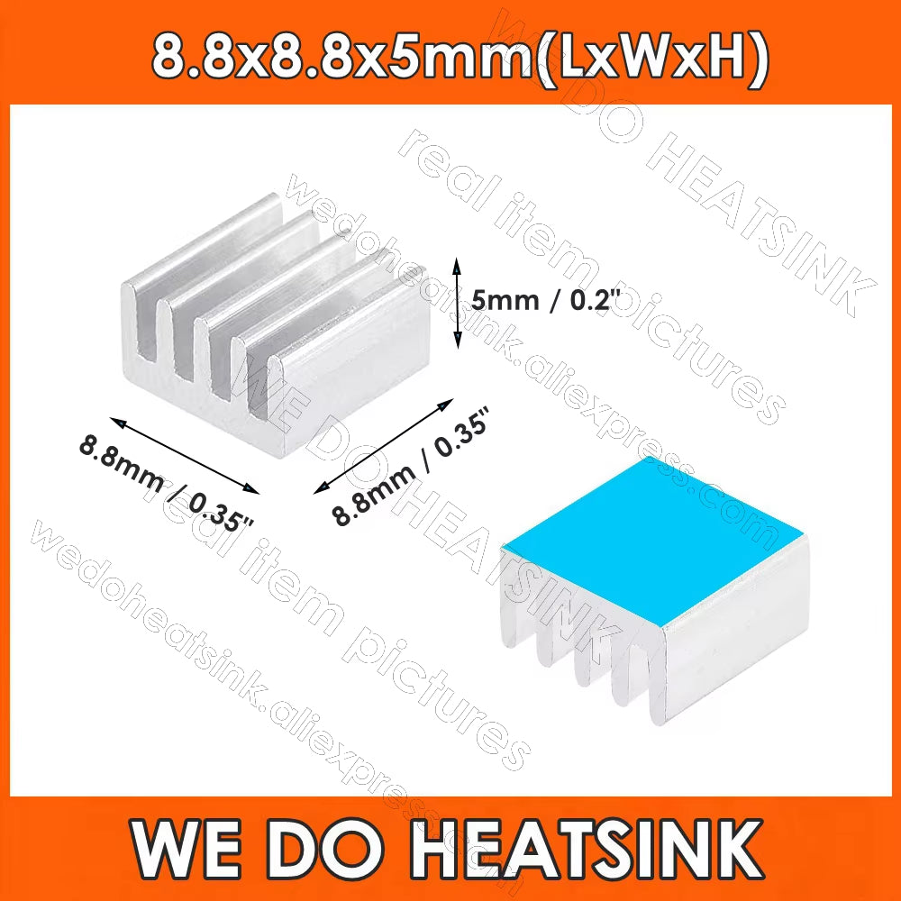 10Pcs 8.8X8.8X5Mm Small Tiny Silver / Black Heatsink Aluminum Heat Sink Radiator Cooler with Tape Applied