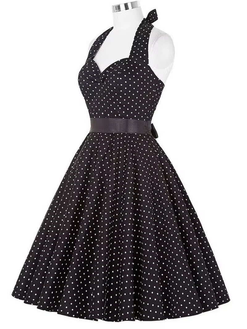 Polka Dot Dress Women Vintage Swing Halter Belt 50S 60S Rockabilly Prom Party Dresses Retro Feminino Vestidos
