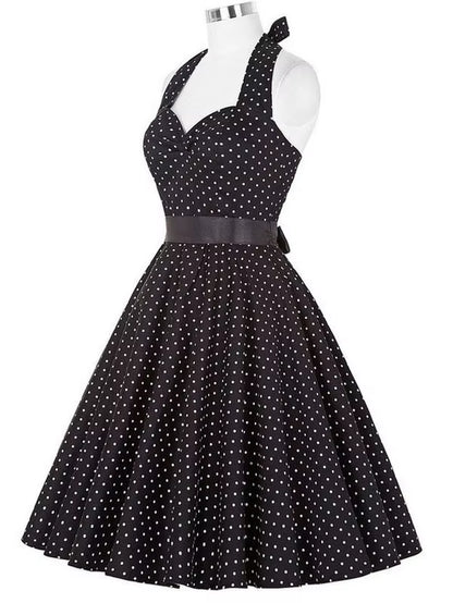 Polka Dot Dress Women Vintage Swing Halter Belt 50S 60S Rockabilly Prom Party Dresses Retro Feminino Vestidos