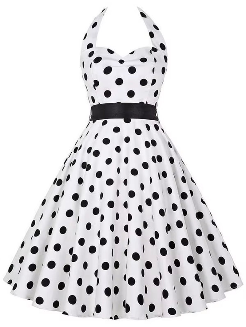 Polka Dot Dress Women Vintage Swing Halter Belt 50S 60S Rockabilly Prom Party Dresses Retro Feminino Vestidos
