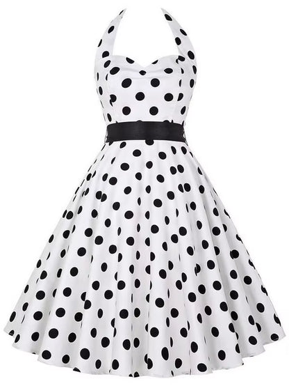 Polka Dot Dress Women Vintage Swing Halter Belt 50S 60S Rockabilly Prom Party Dresses Retro Feminino Vestidos