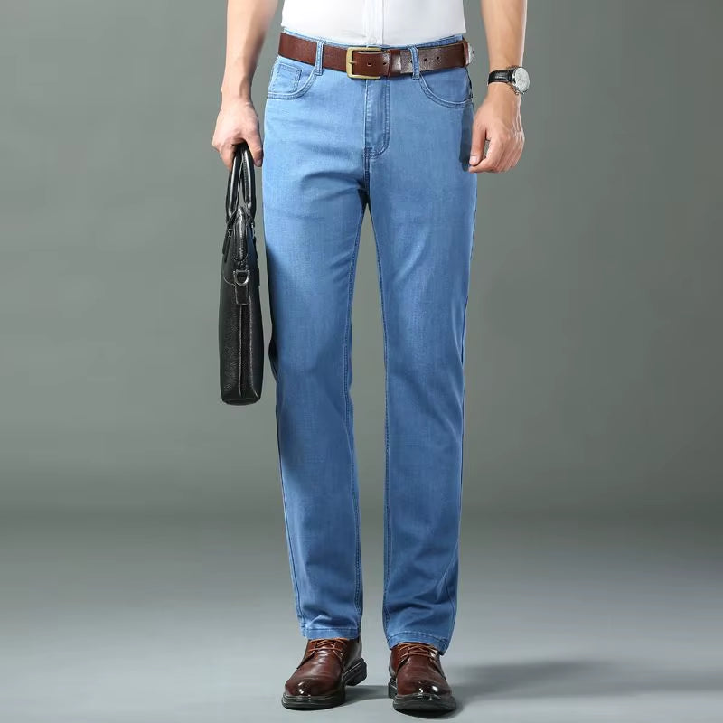 Classic Style Men Brand Jeans Business Casual Stretch Slim Denim Pants Light Blue Black Trousers Male
