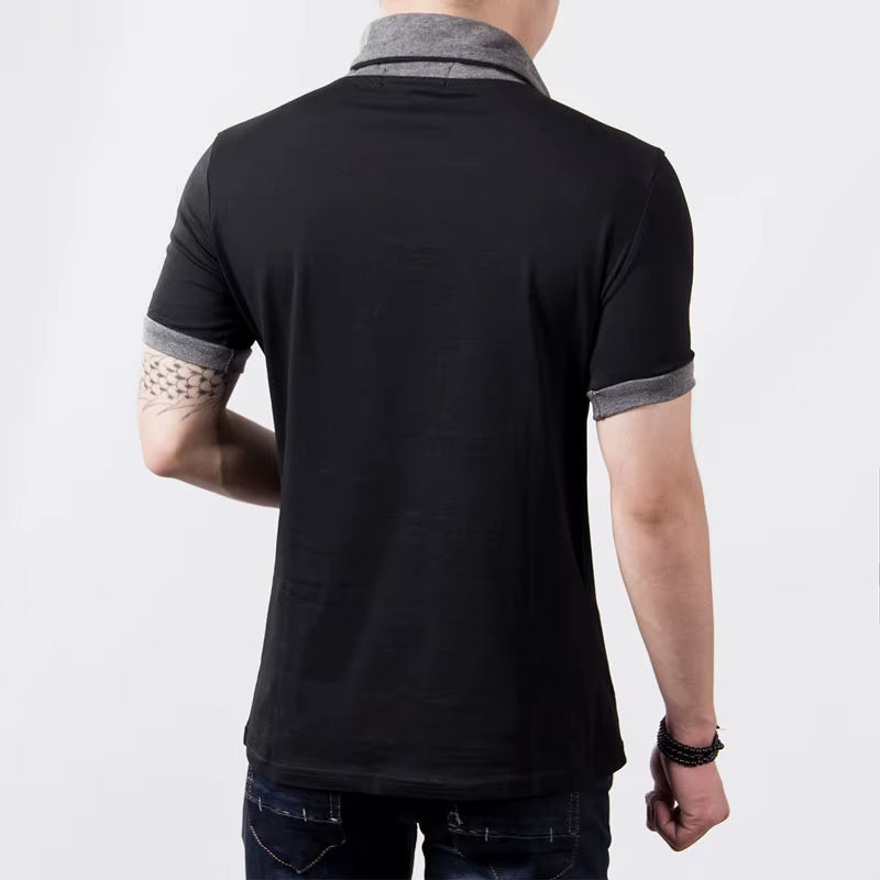 New plus Size Summer Mens T-Shirts Fashion 2025 Slim Short Sleeve Patchwork V Neck Cotton Black T Shirt Men Button Tops & Tees