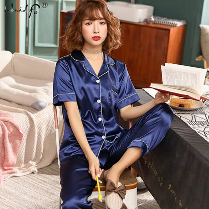 Womens Silk Satin Pajamas Pyjamas Set Sleepwear Pijama Pajamas Suit Female Sleep Two Piece Set Women'S Loungewear plus Size