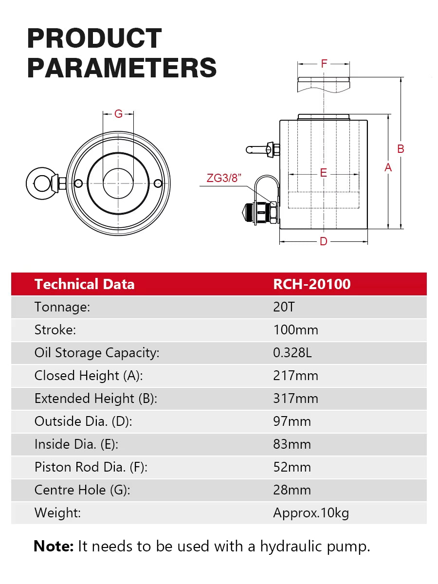 Hollow Hydraulic Cylinder RCH-20100 Hydraulic Jack with Tonnage of 20T Work Travel of 100Mm