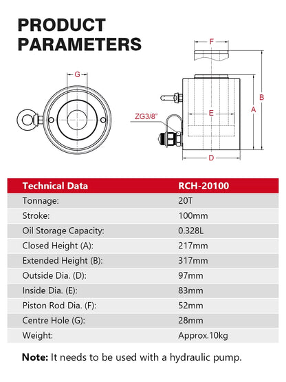 Hollow Hydraulic Cylinder RCH-20100 Hydraulic Jack with Tonnage of 20T Work Travel of 100Mm