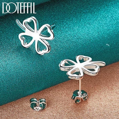 925 Sterling Silver Four-Leafed Clover Chian Necklace Bracelet Earring Set for Woman Wedding Engagement Fashion Jewelry