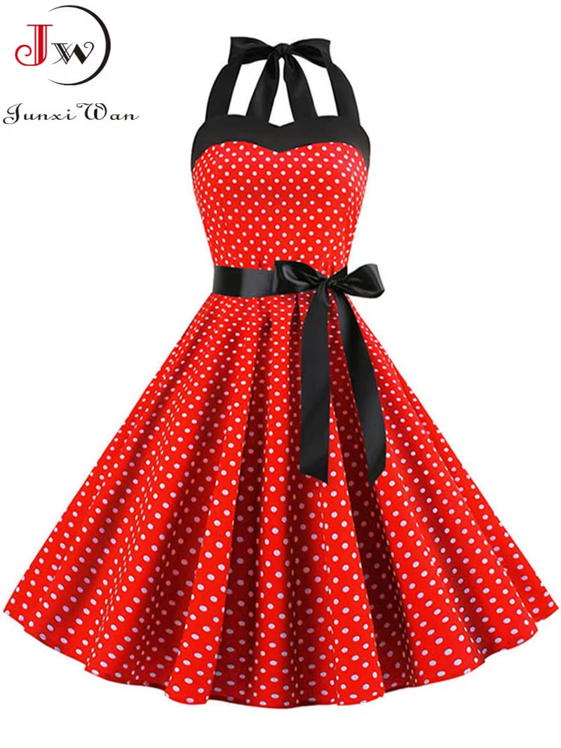 Polka Dot Dress Women Vintage Swing Halter Belt 50S 60S Rockabilly Prom Party Dresses Retro Feminino Vestidos