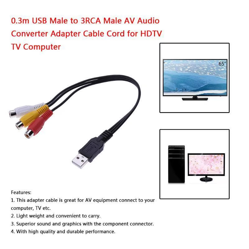 1Pc USB Male Plug to 3 RCA Female Adapter Audio Converter Video AV A/V Cable USB to RCA Cable for HDTV TV Television Wire Cord