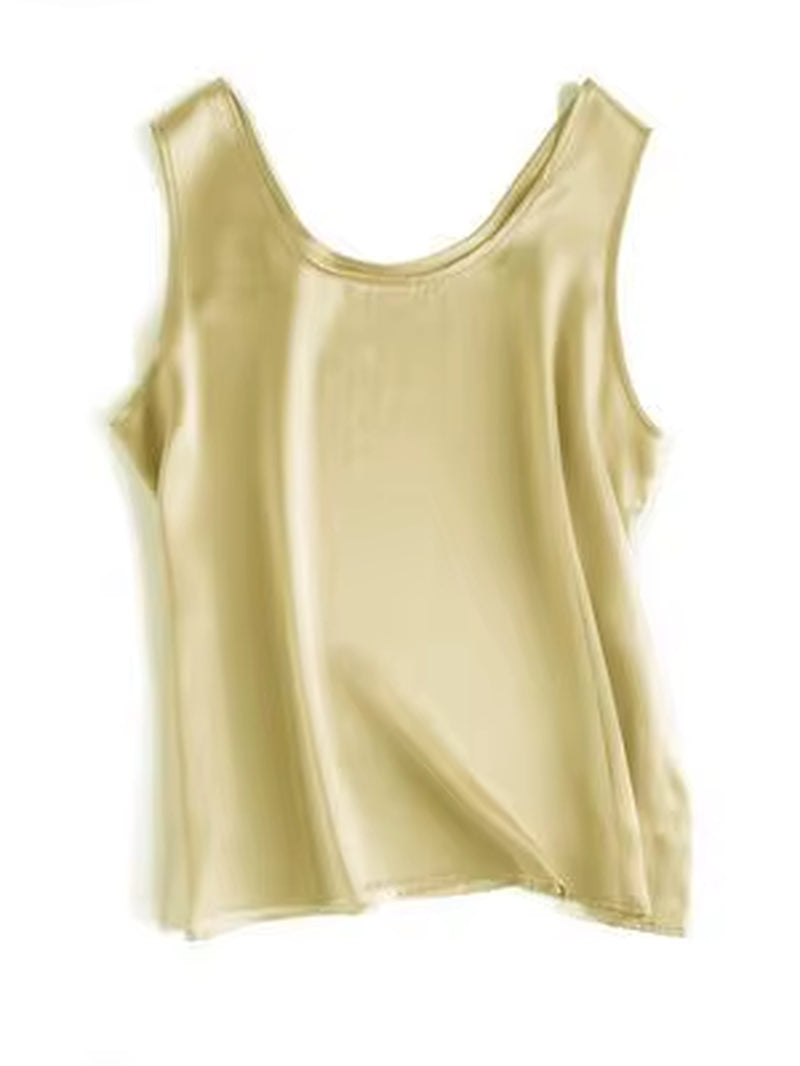 . Women Basic Cozy Tanks, 100%Real Silk, O Neck Sleeveless Chic T Shirt, 2025 Solid Summer Vests, White, Pink, Beige