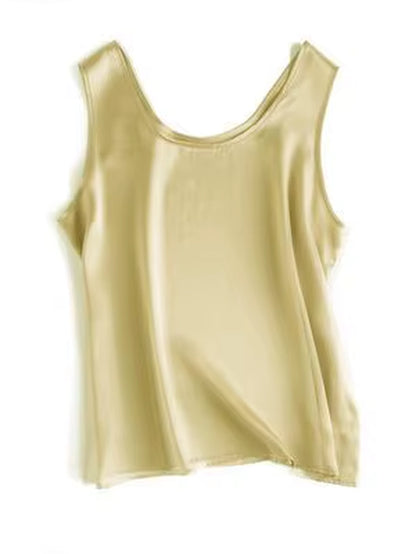 . Women Basic Cozy Tanks, 100%Real Silk, O Neck Sleeveless Chic T Shirt, 2025 Solid Summer Vests, White, Pink, Beige