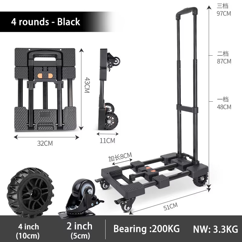 Trolley with Brakes Cargo Trolley Car Home Portable Trolley Foldable Outdoor Small Trailer Six Wheels