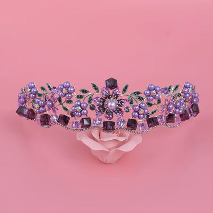 Luxury Baroque Purple Crystal Pearl Bridal Crown Tiara Magnificent Rhinestone Diadem for Bride Headband Wedding Hair Accessories