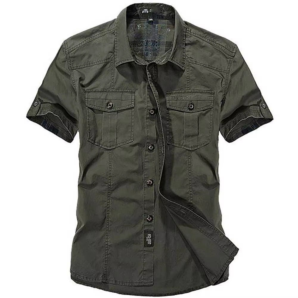 Fashion Cotton Casual Shirts Summer Men plus Size Loose Baggy Shirts Short Sleeve Turn-Down Collar Military Style Male Clothing